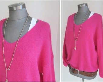 Alpaka Pullover fuchsia, Damen Pulli Alpaka Wolle kuschelweich V-Ausschnitt oversize himbeerton