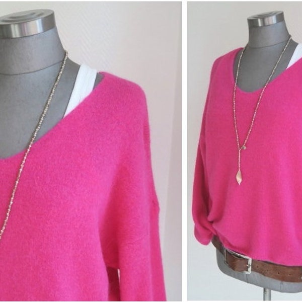 Alpaka Pullover fuchsia, Damen Pulli Alpaka Wolle kuschelweich V-Ausschnitt oversize himbeerton