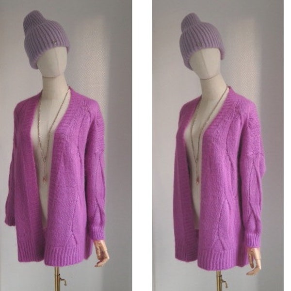 cardigan grobstrickjacke in magenta, oversized strickjacke in beerenfarbe mohairmischung unisize GR: 38-42