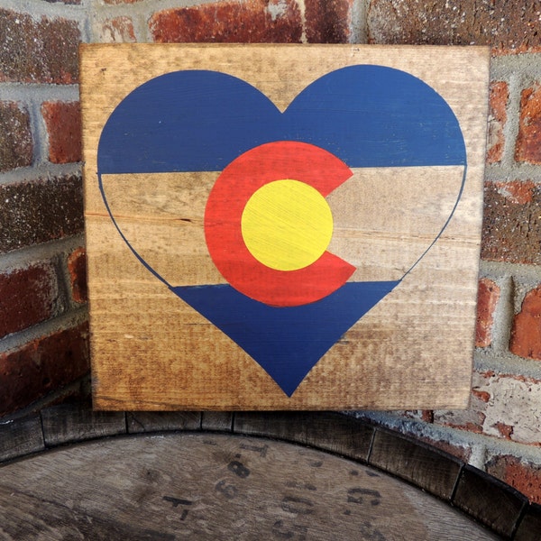 Colorado Flag Heart, hand painted, stained wood, rustic, Valentines Day, Gift