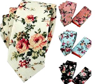 Floral Tie Wedding Tie Groomsman Necktie Sets with Pocket Squares Pink White Black Blue Slim Neckties Groomsmen Groom Best Man Bow Tie