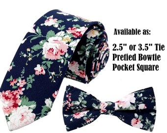 Dark Blue Pink Floral Tie or Bow Tie or Matching Pocket Square Navy Blue Slim 2.5" Regular 3.5" Groomsmen Ties Groomsman Wedding Necktie