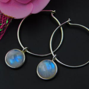 Handmade 925 Sterling Silver Earrings with Natural White Rainbow Moonstone – Striking Round Semi-Precious Gemstone Jewelry for Nature Lovers