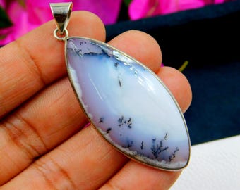 Colgante grande de ágata dendrítica talla marquesa hecho a mano – Joyería de plata de ley 925, collar único con piedra preciosa curativa