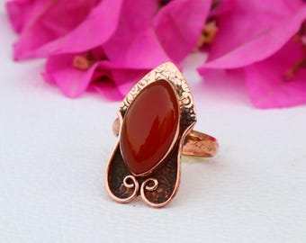 Geweldige rode carneool onyx mooie rustieke koperen ring, ambachtelijke handgemaakte marquise boho statement cadeau boho koper gegraveerde helende ring