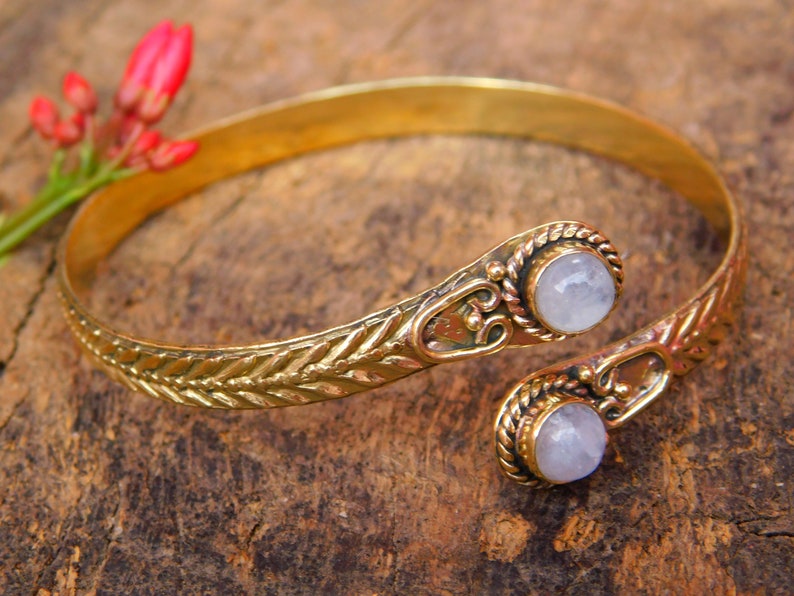 Ethnic Bracelet White Moonstone Gold Plated Bracelet Bangle Tribal Bracelet Adjustable Bracelet Gypsy Bracelet