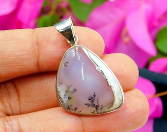 Colgante de ágata dendrítica natural de plata de ley 925 – Joyería artesanal con piedras preciosas, collar de cristal curativo para ella