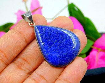 Colgante grande de cristal de lapislázuli natural – Joyería hecha a mano en plata de ley, collar de piedras preciosas para sanación espiritual para ella