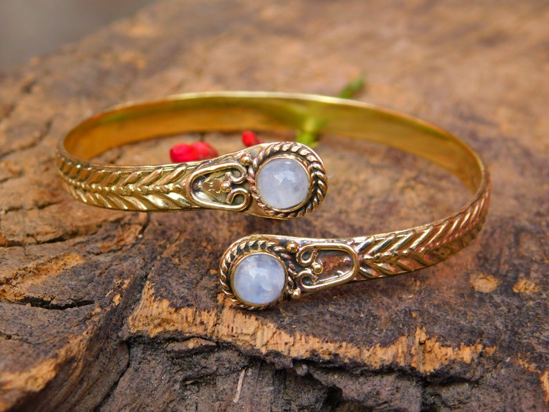 Ethnic Bracelet White Moonstone Gold Plated Bracelet Bangle Tribal Bracelet Adjustable Bracelet Gypsy Bracelet