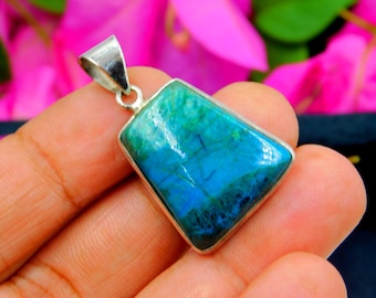 Colgante de crisocola natural de plata de ley 925 – Joyería artesanal con piedras preciosas, collar bohemio curativo para ella.