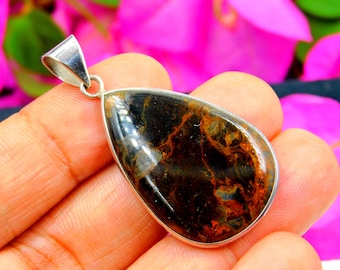 Colgante de pietersita en forma de lágrima hecho a mano – Collar bohemio de plata de ley