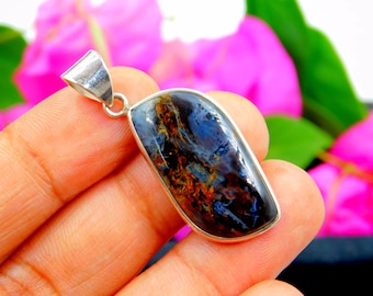 Colgante de pietersita hecho a mano en plata de ley – Collar con gema azul y marrón