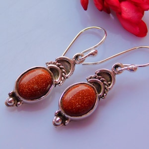 Bohemian 925 Solid Sterling Silver Sunstone Earrings – Unique Brown Sun stone Gemstone Silver Earrings Jewelry for Free Spirits