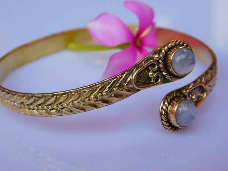 Ethnic Bracelet White Moonstone Gold Plated Bracelet Bangle Tribal Bracelet Adjustable Bracelet Gypsy Bracelet