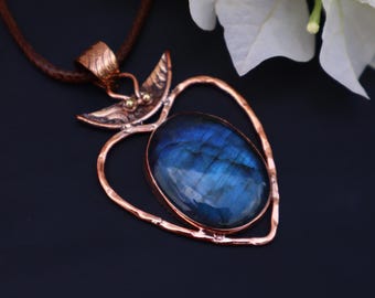 Collar de labradorita natural con colgante en tono cobre, cristal curativo bohemio hecho a mano, engaste de cobre, collar de piedras preciosas curativas, joyería bohemia