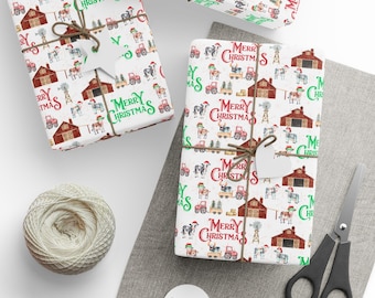 Gift wrap, wrapping paper, barnyard Christmas, cows, barns, tractors, country life, country Christmas, Holidays on the Farm, Farm Christmas