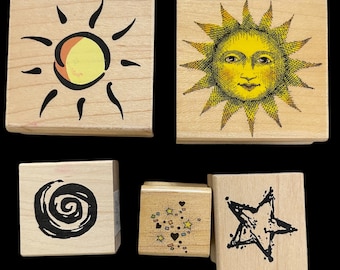 Vintage, gently used rubber stamps- Suns and Stars set of 5