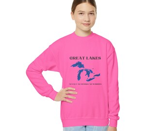 Michigan Youth Crewneck Sweatshirt, The Great Lakes, Huron, Superior, Michigan, Erie, Ontario, No Salt, No Sharks, No Worries