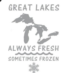 May include: A gray outline of the Great Lakes with the text "Great Lakes Always Fresh Sometimes Frozen" and a snowflake below.