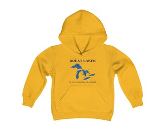 Youth Heavy Blend Hooded Sweatshirt, The Great Lakes, Huron, Michigan, Erie, Ontario, Superior, No salt, No sharks, No worries