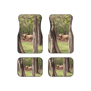 Car Mats (Set of 4) Scottish Highland cows, mama and calf in the woods