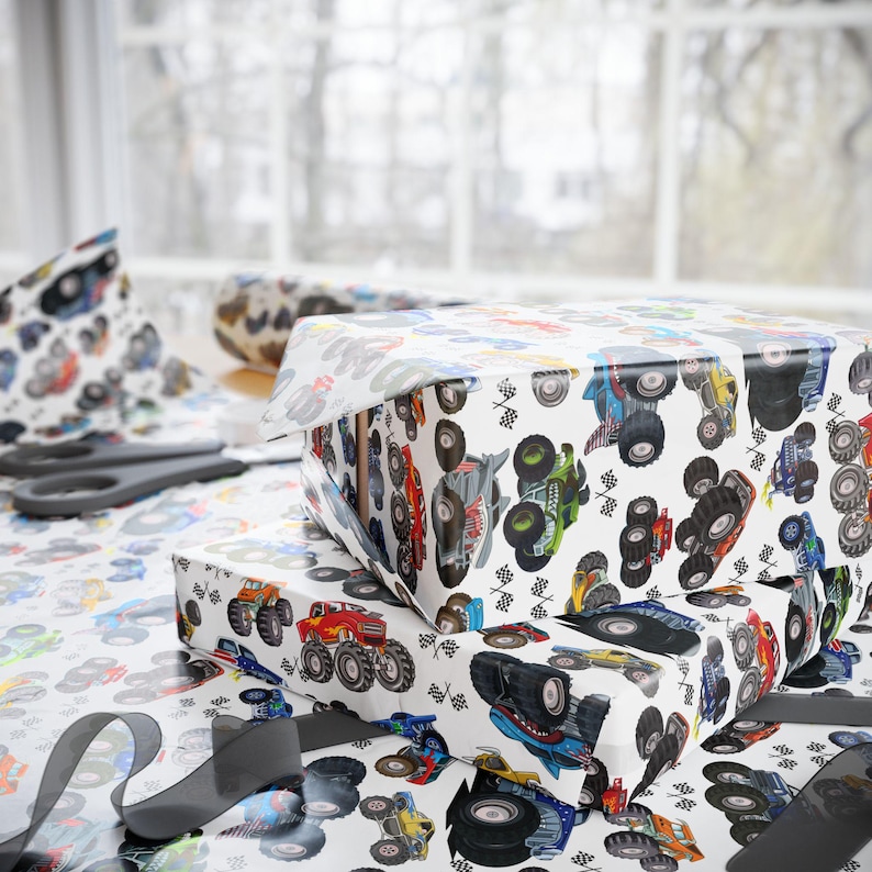 Gift Wrap Papers, wrapping paper - super fun monster trucks, fun boy or girl wrapping paper, unique gift wrap for kids image 5