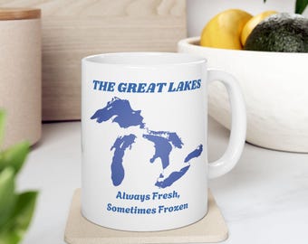 Ceramic coffee mug, features The Great Lakes - Superior, Huron, Michigan, Erie and Ontario