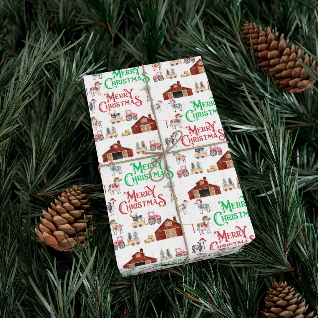 Merry Christmas, Holiday Wrapping Paper Barnyard Christmas, Cows, Barns