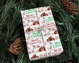 Merry Christmas, Holiday wrapping paper - barnyard Christmas, cows, barns, tractors