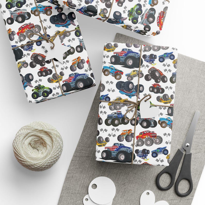 Gift Wrap Papers, wrapping paper - super fun monster trucks, fun boy or girl wrapping paper, unique gift wrap for kids image 1