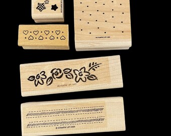 Vintage used rubber stamps - set of 7 - borders, dots, Christmas, hearts, flowers, stars