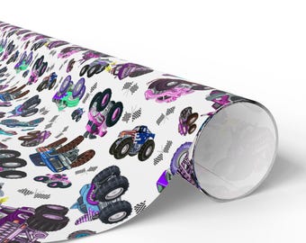 Papier do pakowania prezentów - super zabawne ciężarówki Monster Trucks GIRL, wyjątkowe opakowanie prezentów, świetna zabawa w dawanie prezentów dzieciom