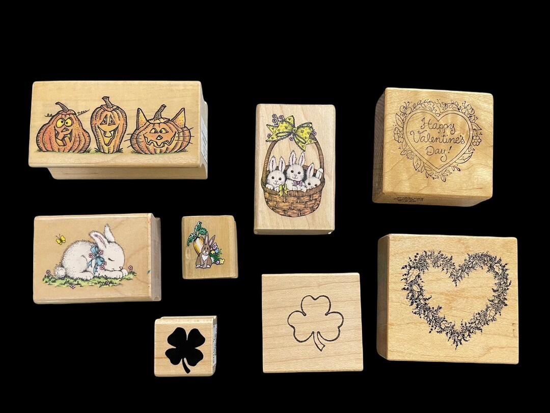 Vintage Used Rubber Stamps, Set of 8, Holidays, Hearts, Rabbits