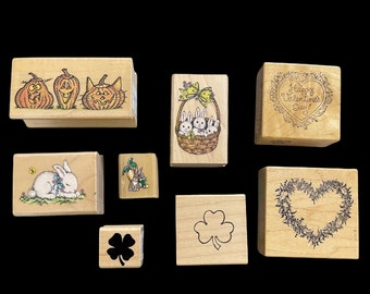 Vintage, gently used rubber stamps, set of 8, holidays, hearts, rabbits, pumpkins