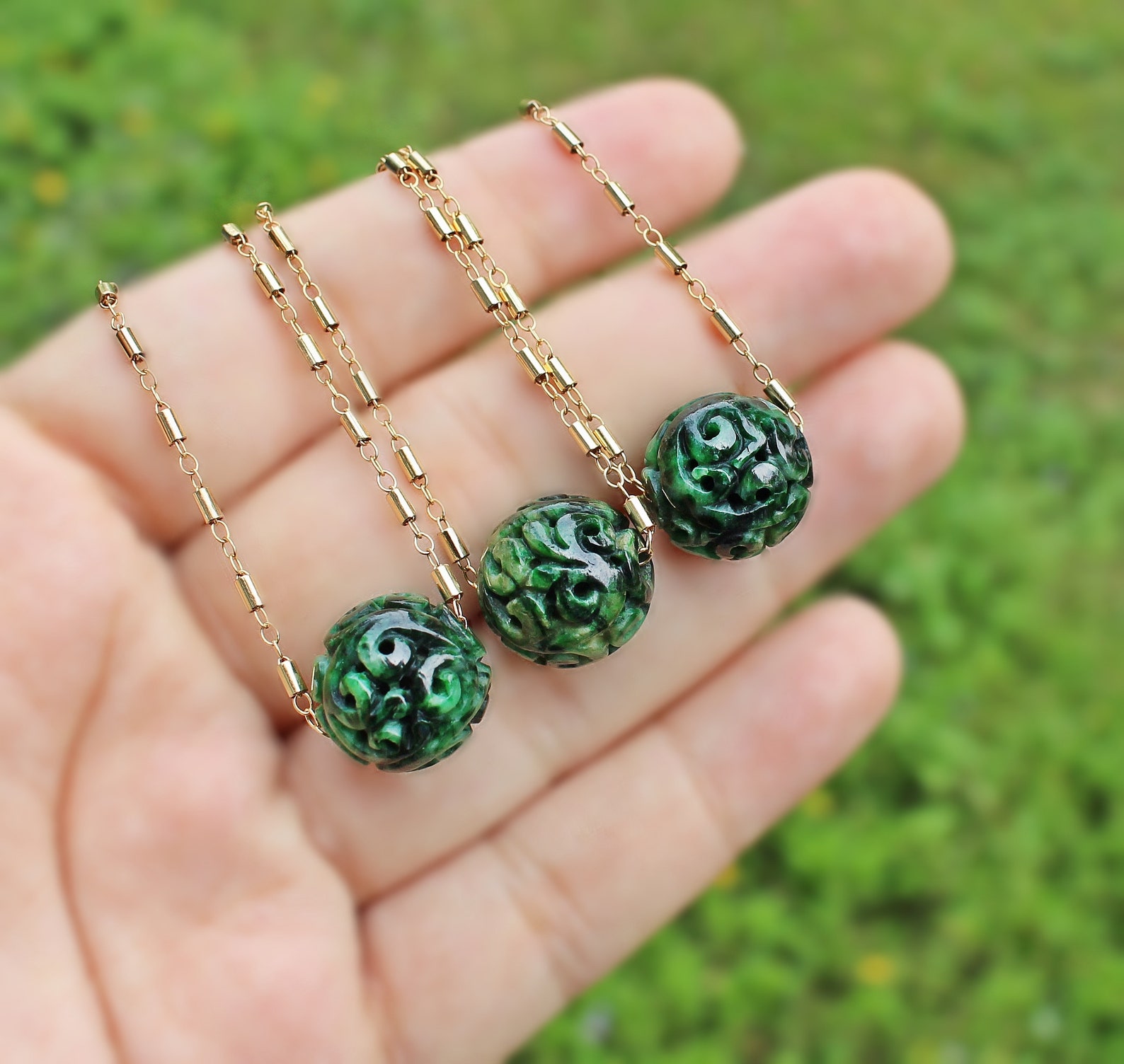 Carved Jade ball 14K Gold Filled Floating Necklace round ball Etsy