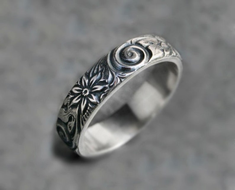 designer ring metalwork ring boho ring flower band sterling silver band unique silver ring solid ring Wide Silver Floral Band gift