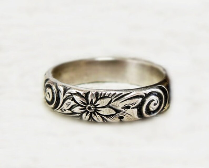 designer ring metalwork ring boho ring flower band sterling silver band unique silver ring solid ring Wide Silver Floral Band gift