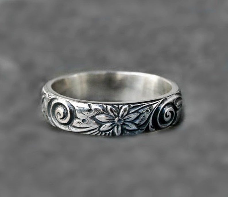 designer ring metalwork ring boho ring flower band sterling silver band unique silver ring solid ring Wide Silver Floral Band gift