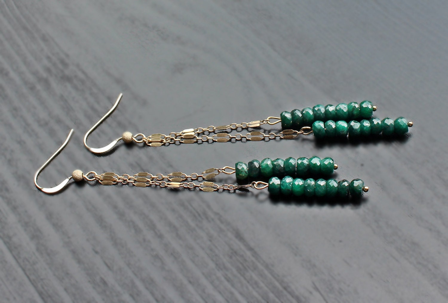 Emerald Gold Filled Long Earrings chain earrings thread | Etsy