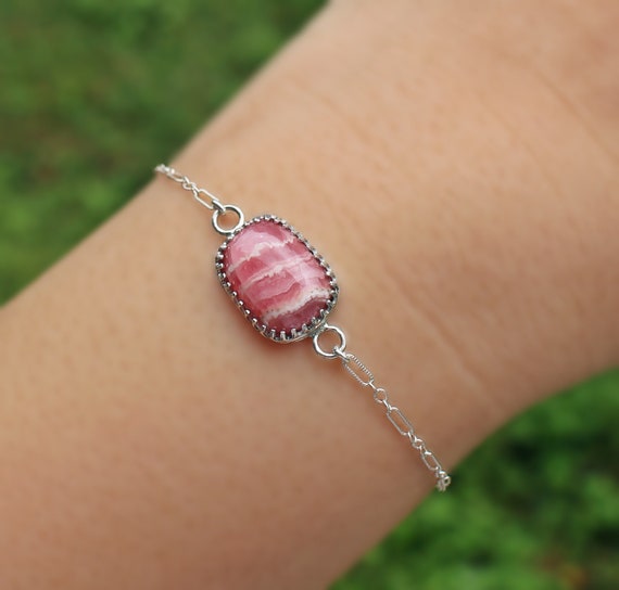 Natural Pink Rhodochrosite Gemstone Cabochon 925 Sterling Silver Bezel Pendant Jewelry