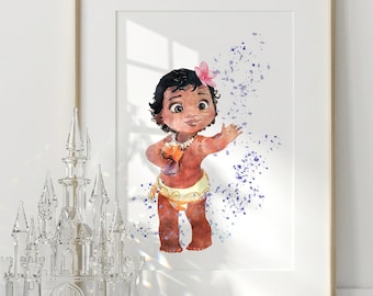 Moana Nursery Wall Art Print, Baby Moana Poster, Tropical Princess Decor, Disney Inspired Girl Room, Ocean Nursery Art V277