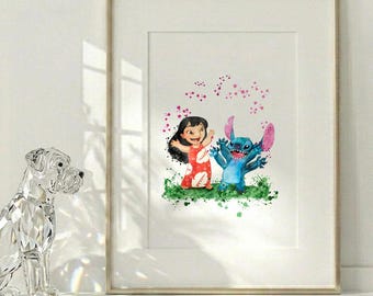 Lilo and Stitch Print, Disney Wall Decor, Unframed Nursery Poster, Stitch Wall Art V341