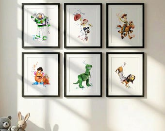 Juego de 6 láminas de Toy Story, pósteres de personajes de Disney Pixar, decoración de pared para habitación infantil con Woody y Buzz Lightyear, arte para habitación de niños, sin marco V299