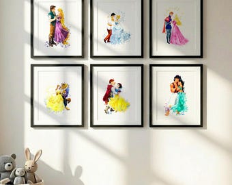 Juego de 6 láminas con parejas de princesas Disney: Jazmín y Aladdín, Blancanieves y el Príncipe Encantador, Bella, Aurora, Cenicienta y Rapunzel (V358).
