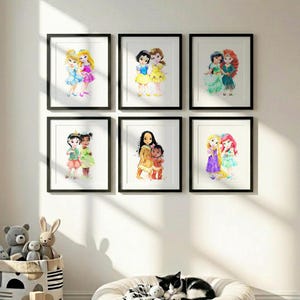 Disney Baby Princess Prints Set of 6, Nursery Poster Wall Decor, Unframed Princess Wall Art, Cinderella Ariel Aurora Rapunzel Moana V609