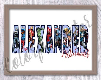 Custom Superhero boy name print Personalized super hero name Personalized name poster Custom super hero name Choose your Superheroes V657