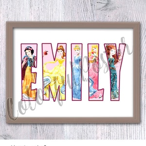 Gepersonaliseerde naamposter Gepersonaliseerde prinsesnaam Aangepaste prinsesnaam Disney-prinsesposter Aangepaste naamposter kerstcadeau V658