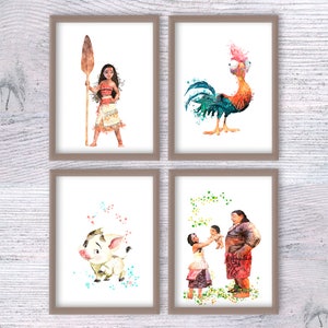 Moana poster Set of 4 Princess wall decor Moana print Nursery art Kids room decor Princess Moana watercolor Christmas gift V422