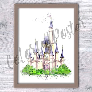 Cinderella castle, Watercolor poster, Cinderella castle print, Princess castle, Princess print, Nursery art, Princess watercolor castle V190