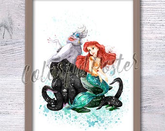 Ariel-tryck Ursula-poster Lilla sjöjungfrun väggdekor Ursula-tryck Ariel och Ursula i färg Disney-skurken Lilla sjöjungfrun poster V591